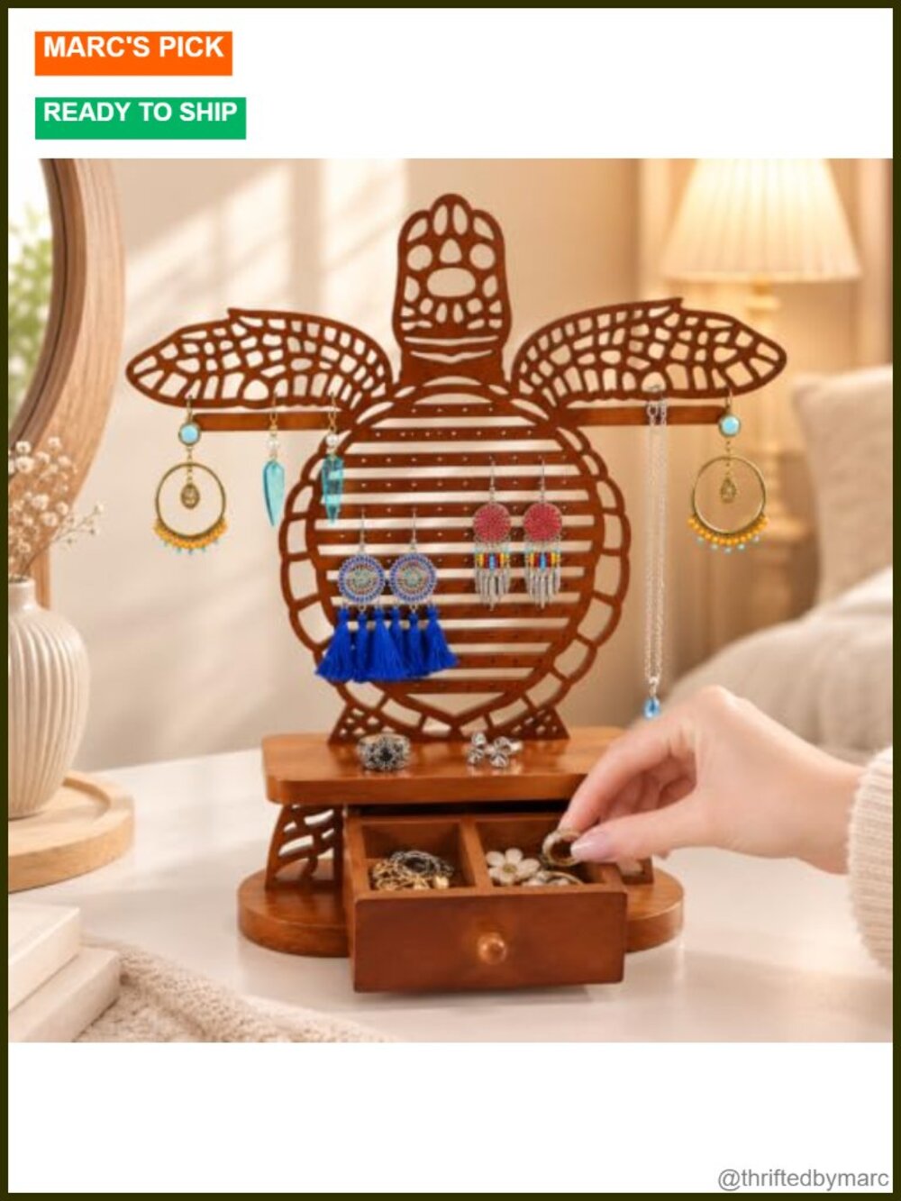 Wooden Sea Turtle Stud Earring Organizer Jewelry Holder Storage Box